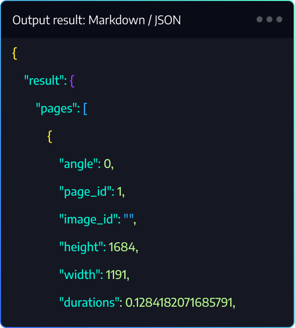Output result: JSON / Markdown / Text